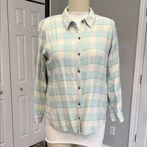 Christopher & Banks Flannel Plaid Button-Down Shirt - Aqua and Cream